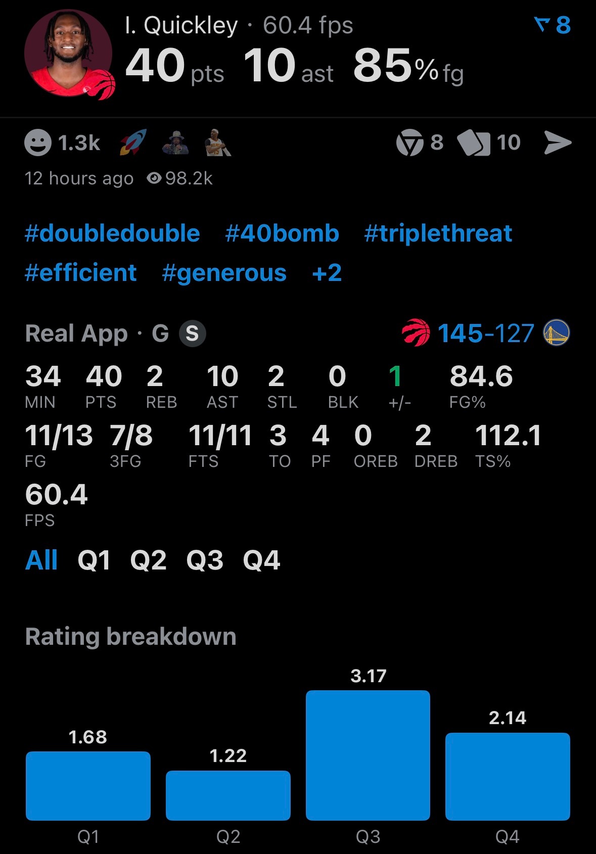 猛龙终结勇士4连胜库明加时隔一个月上场得20分猛龙队史常规赛最高得分——145分