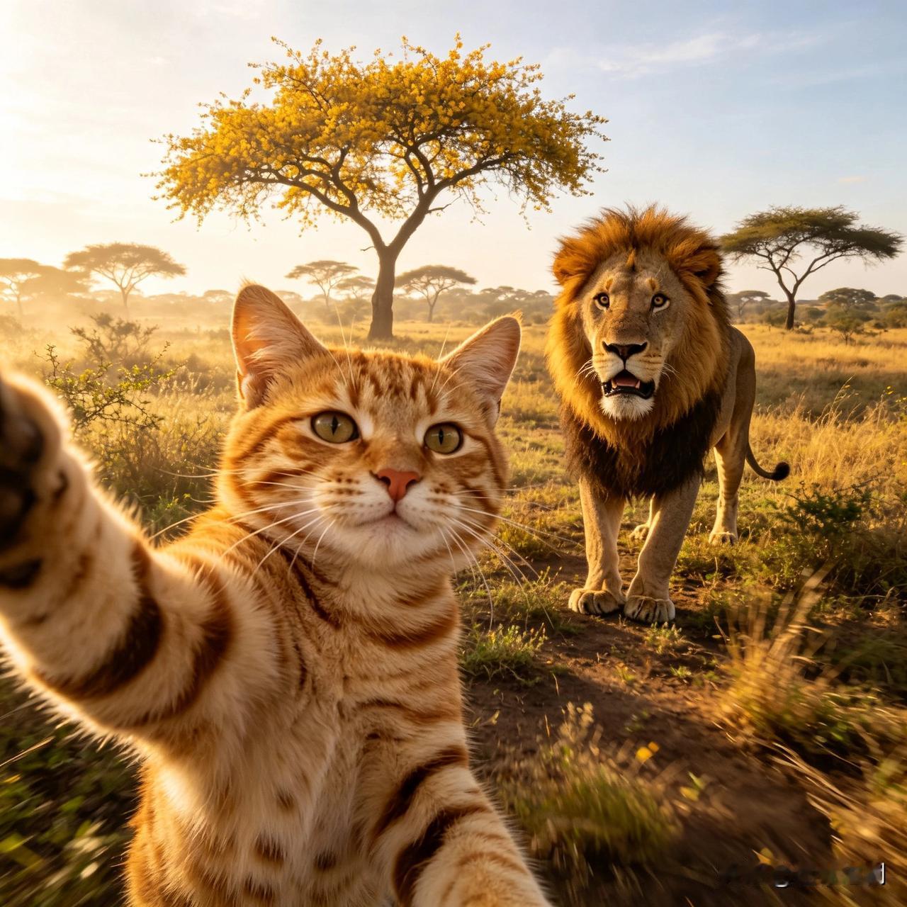 猫和狮子玩自拍打一成语，充分发挥你的聪明才智，评论区给出你答案吧。