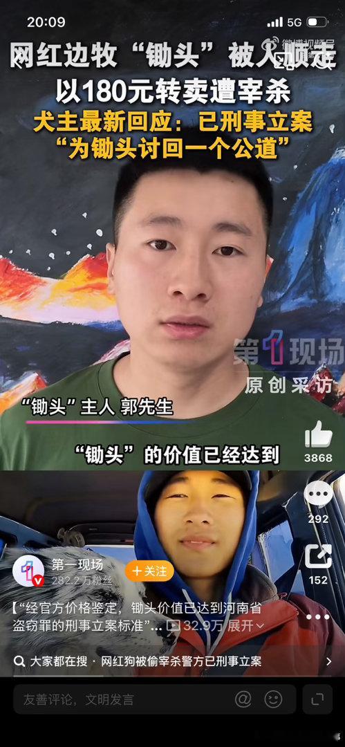 网红狗被偷宰杀警方已刑事立案“看到‘经官方价格鉴定，锄头价值已达到河南省盗窃罪的
