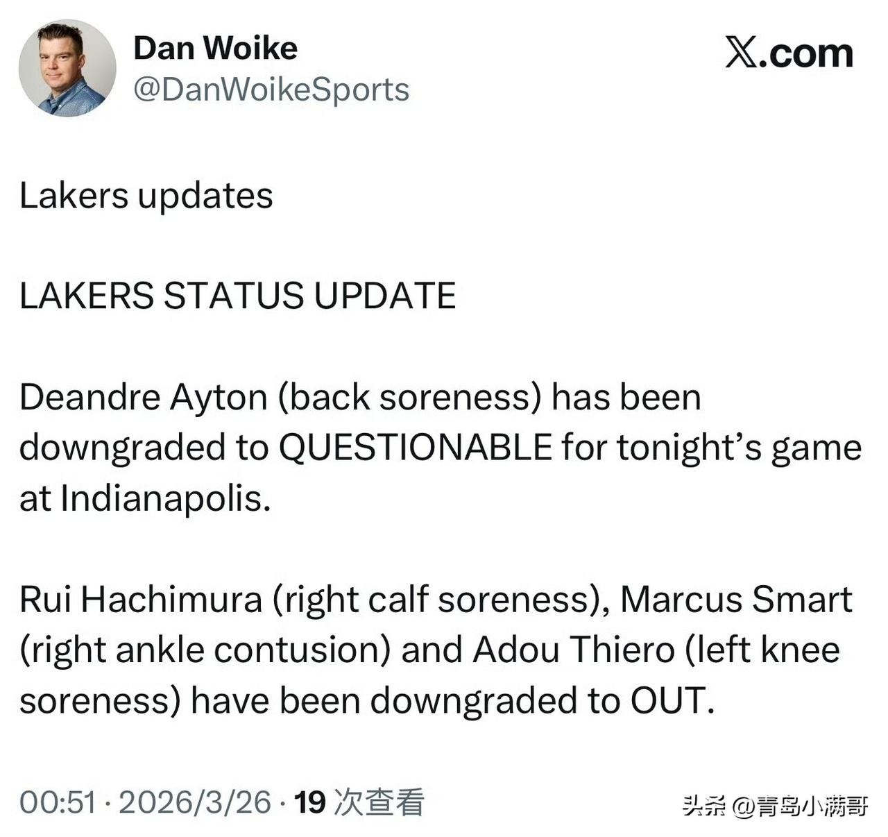 湖人vs步行者伤病报告更新！八村、斯玛特、艾顿都不打了！

根据记者Woike最