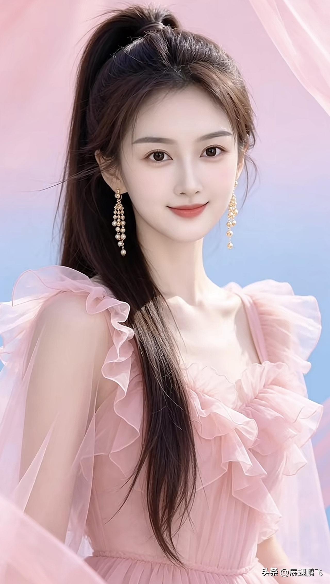 粉衣美人，笑靥如花。粉裳花影照 粉裙花畔照 粉妆娇俏佳人 粉裙花畔照 粉妆娇俏佳