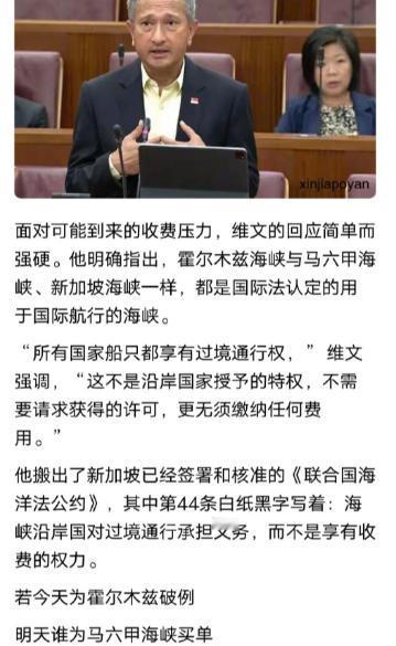 新加坡外长维文表示，若今天为霍尔木兹海峡收费破例，明天谁为马六甲海峡买单？这话有
