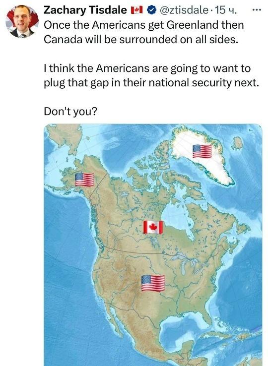 加拿大政治学家扎卡里·蒂斯代尔讽刺地指出，如果假设美国占领格陵兰并完全包围加拿大