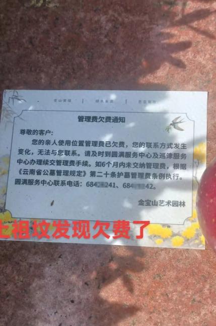 “上祖坟发现欠费了”。一位云南IP网友发视频称。
在墓碑的位置，被贴了一张欠费通