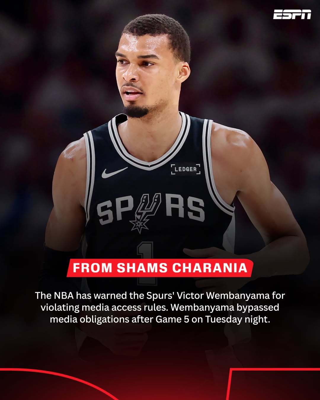 Shams：文班亚马被NBA官方警告一次。原因是G5结束后，文班拒绝接受媒体采访