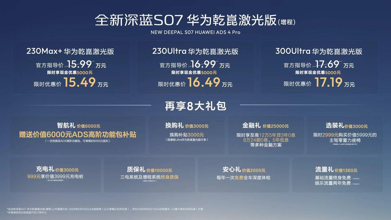 6月13日，全新深蓝S07华为乾崑激光版增程车型正式上市，新车共推出230Max