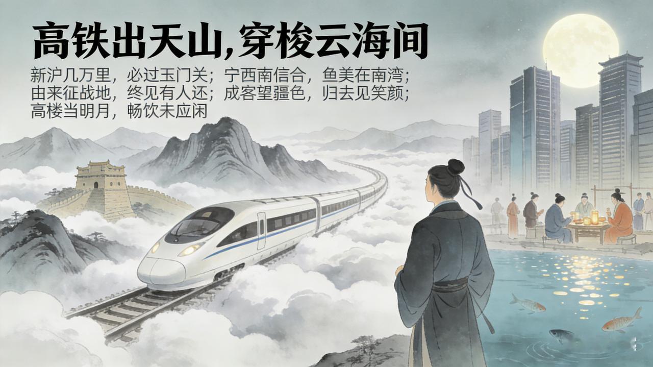 李白《高铁关山月》
 
高铁出天山，穿梭云海间。
新沪几万里，必过玉门关。
宁西