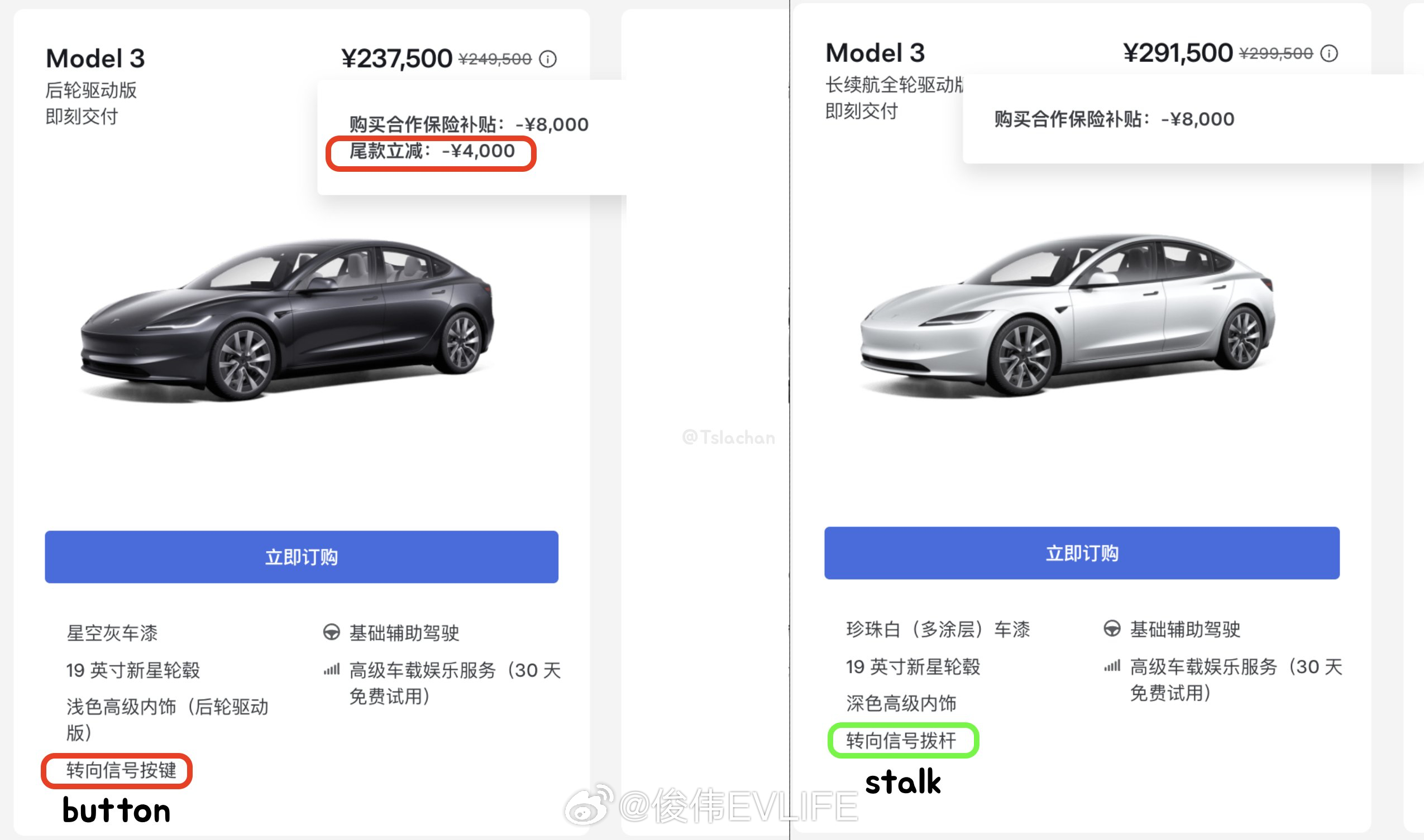 特斯拉中国为配备转向灯按钮的 Model 3 RWD 车型提供额外 4,000 