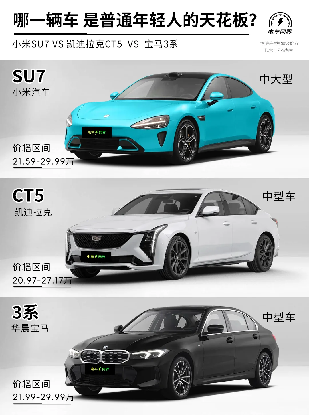 小米sU7 凯迪拉克ct5 宝马3系 三车对比