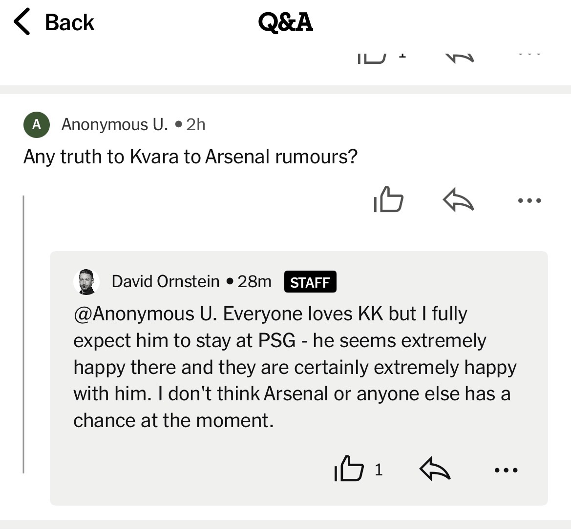 David Ornstein：关于克瓦拉茨赫利亚转会阿森纳的传闻是否属实？我可以