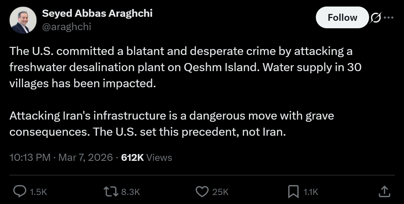 現在伊朗的實權派 Araghchi 表示會跟隨美國升級，既然美國不仁，開了攻擊海