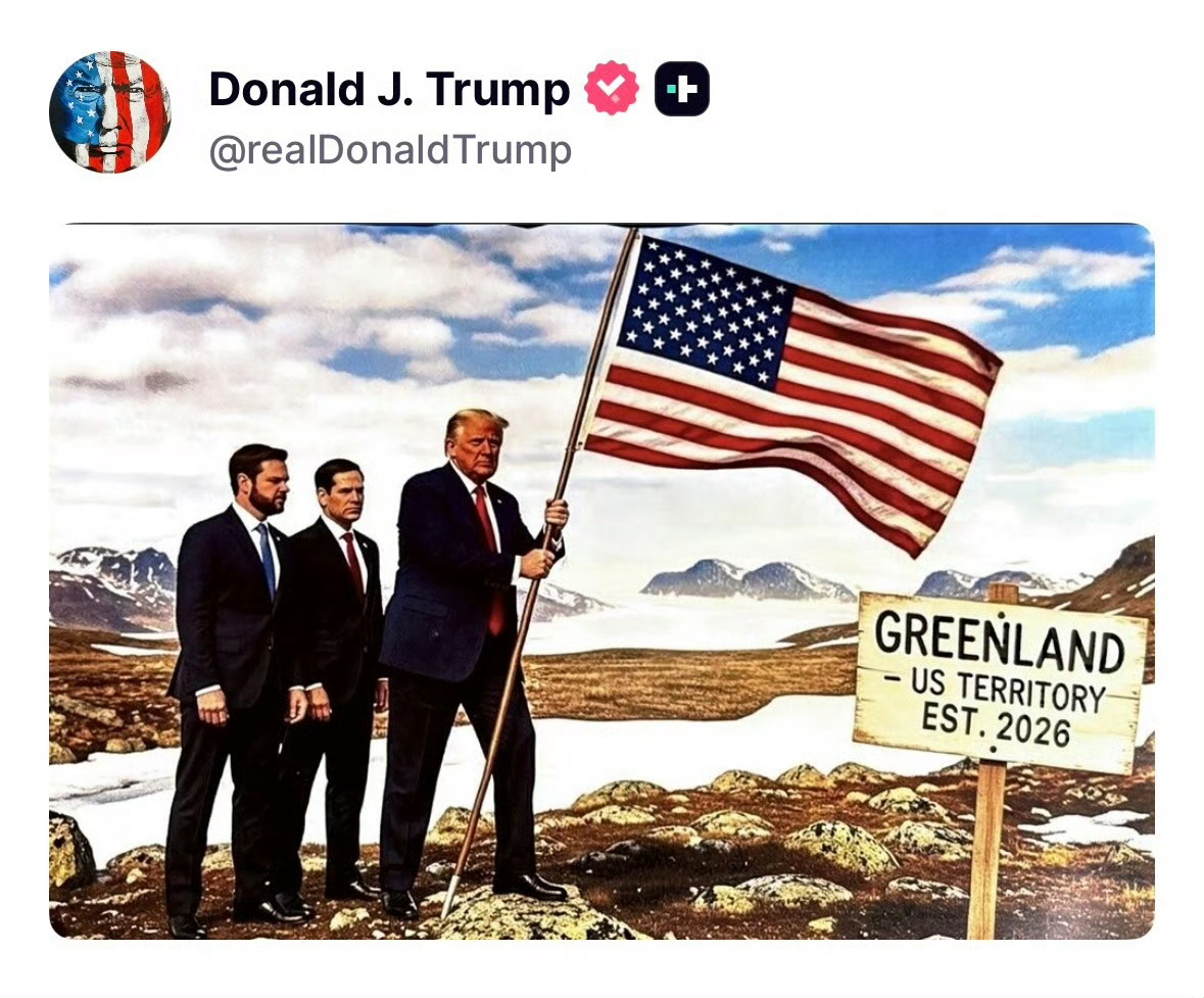 特朗普发登上格陵兰岛图“拿下格陵兰，吞并加拿大”，懂王武功之盛，美利坚未有也。 