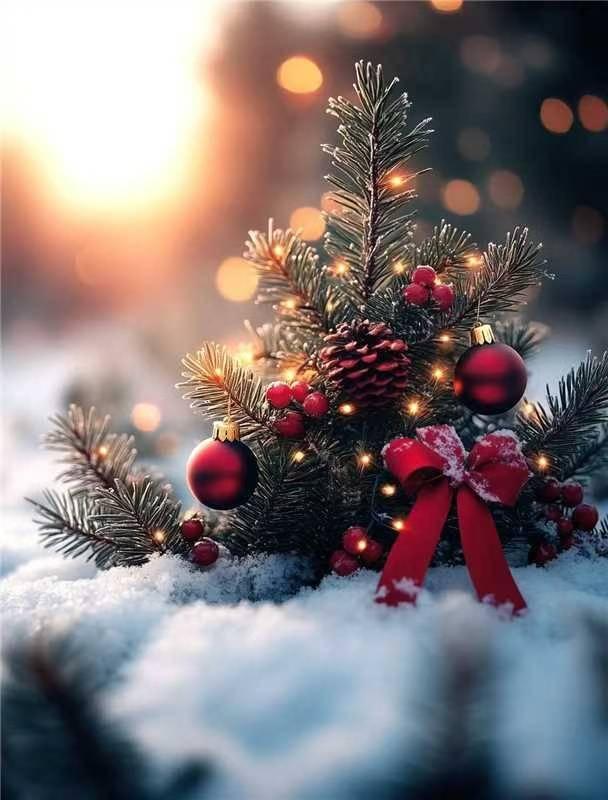 冬日暖阳下，雪地里的圣诞树闪耀着温暖的光芒。