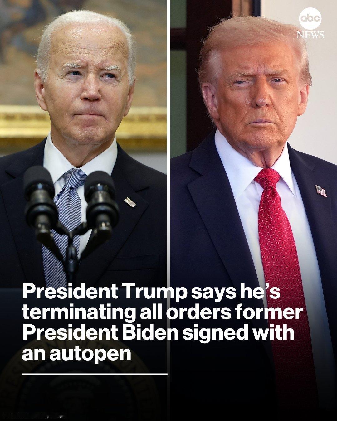 当地时间周五，特朗普表示，任何由前总统拜登使用自动笔签署的文件“即刻失效”。
