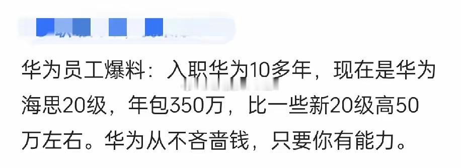 华为员工爆料，入职华为10多年，现为华为海思20级，年包350万，比一些新20级