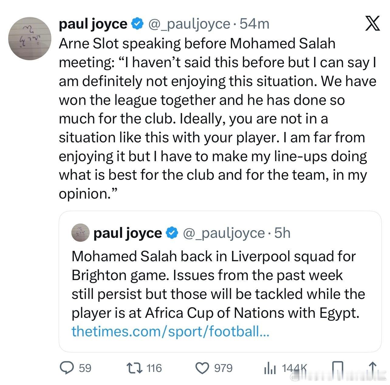 随队记者通稿：萨拉赫将会在对阵布莱顿的比赛里重返球队大名单。过去一周所出现的问题