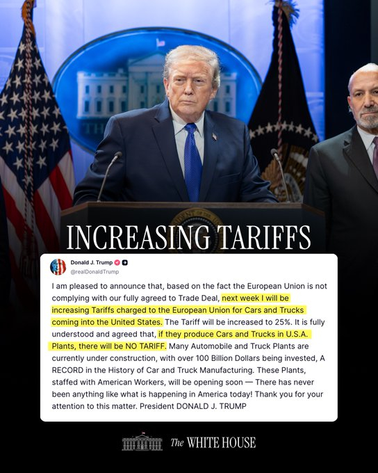“我将提高对进入美国的来自欧盟的汽车和卡车的关税。该关税将提高到25%。完全理解