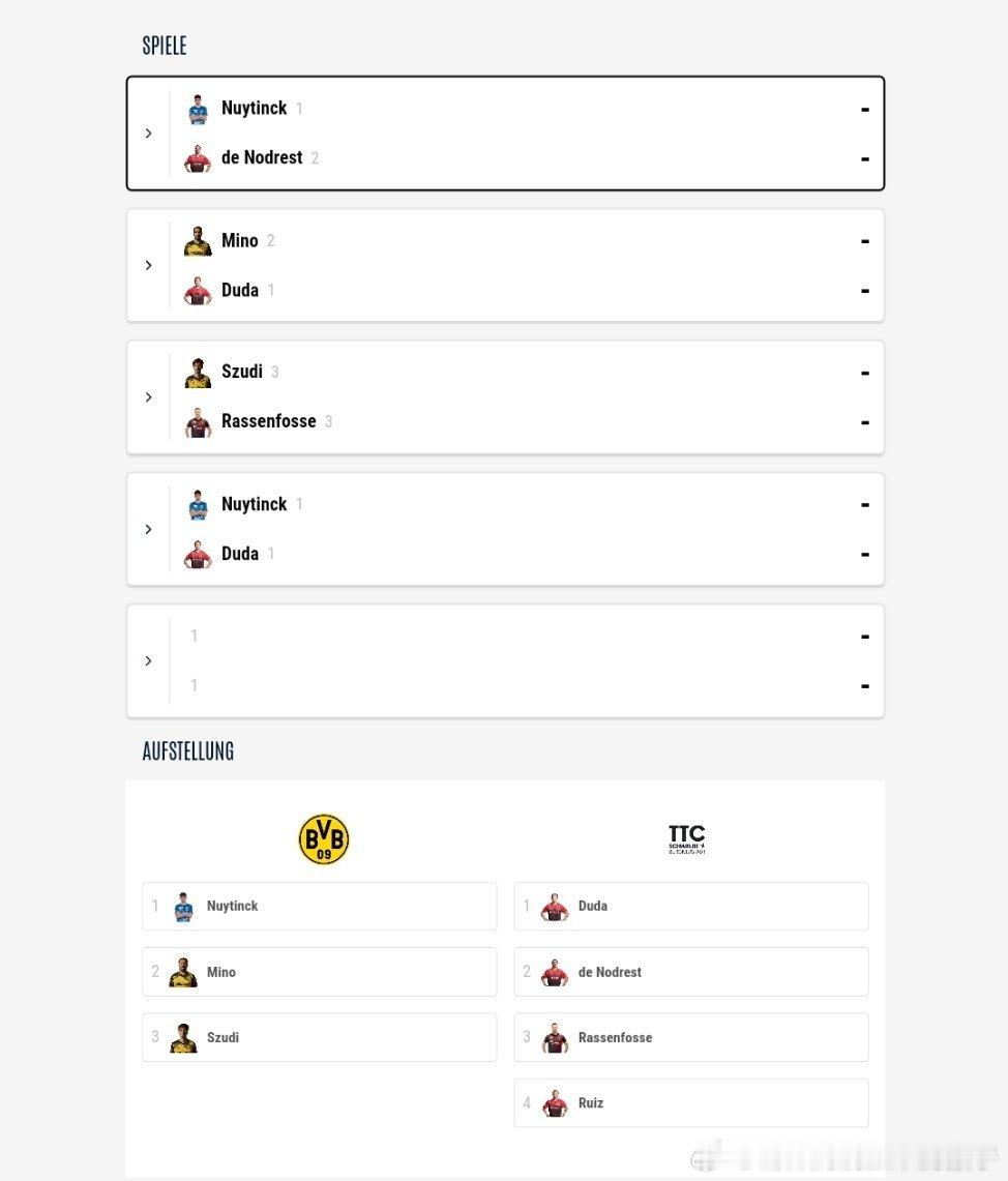 2025-2026赛季德甲乒乓球联赛第六轮对阵表：多特蒙德VS贝格诺伊施塔特纽汀