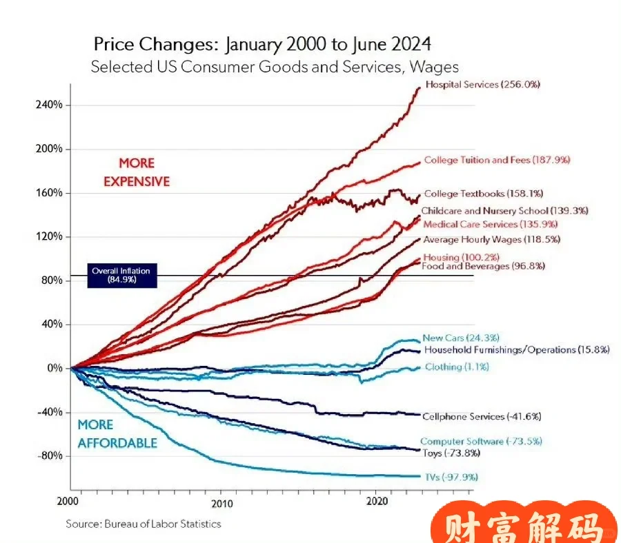 美国2000至2024年来的物品和服务价格变迁
