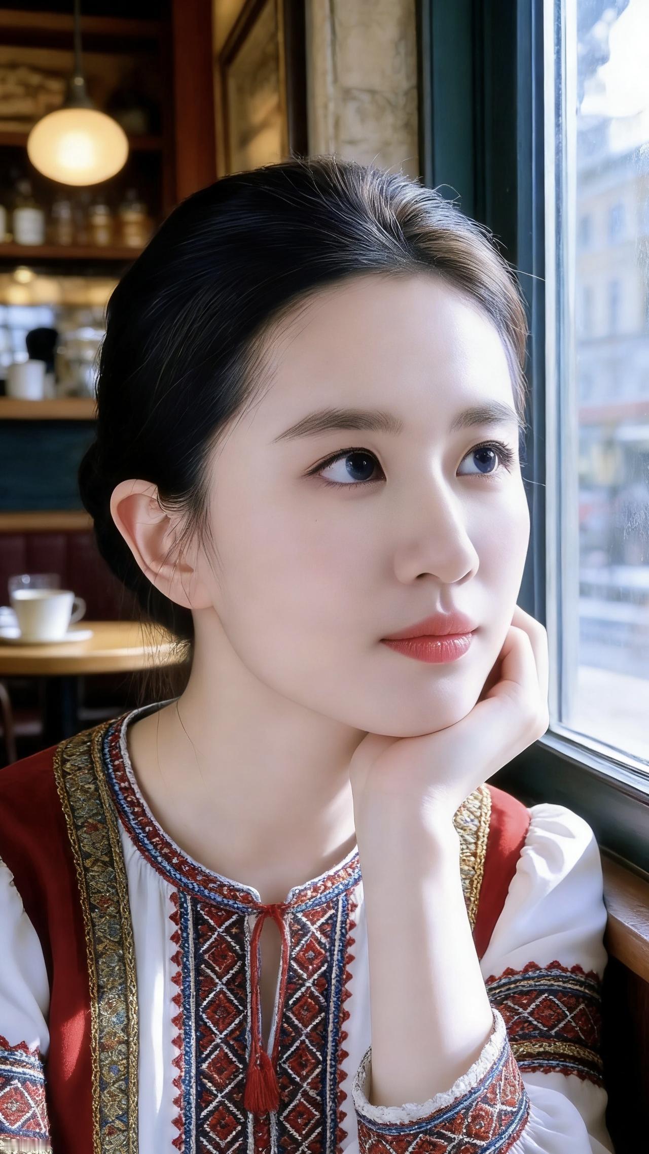 我支着下巴坐在咖啡馆的窗边，指尖无意识地蹭过袖口的织锦花纹。身上的俄罗斯族服饰是