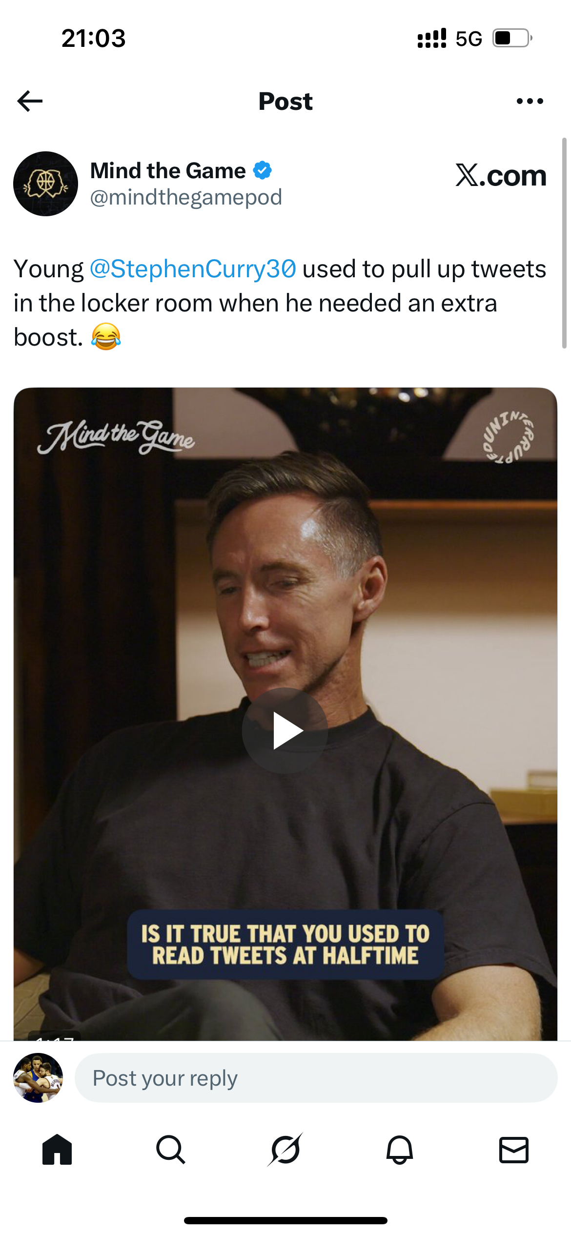 库里在mind the game里说自己在上半场打得不好的时候，会在中场的时候去