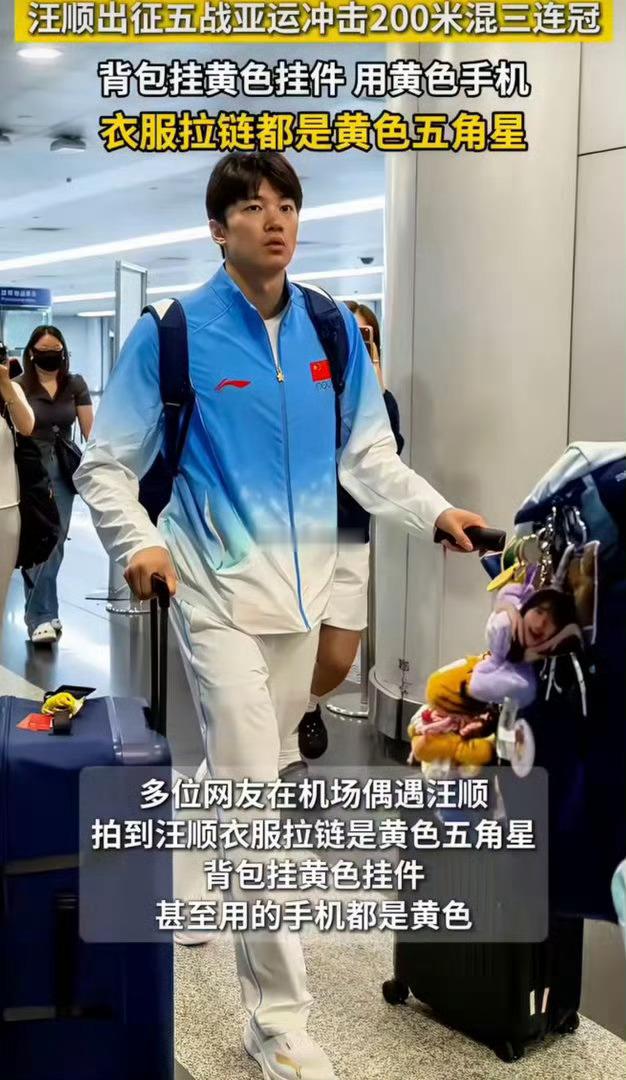 汪顺出征亚运的黄是金牌色汪顺第五次出征亚运会啦！细节好可爱，身上好多黄色小物件，