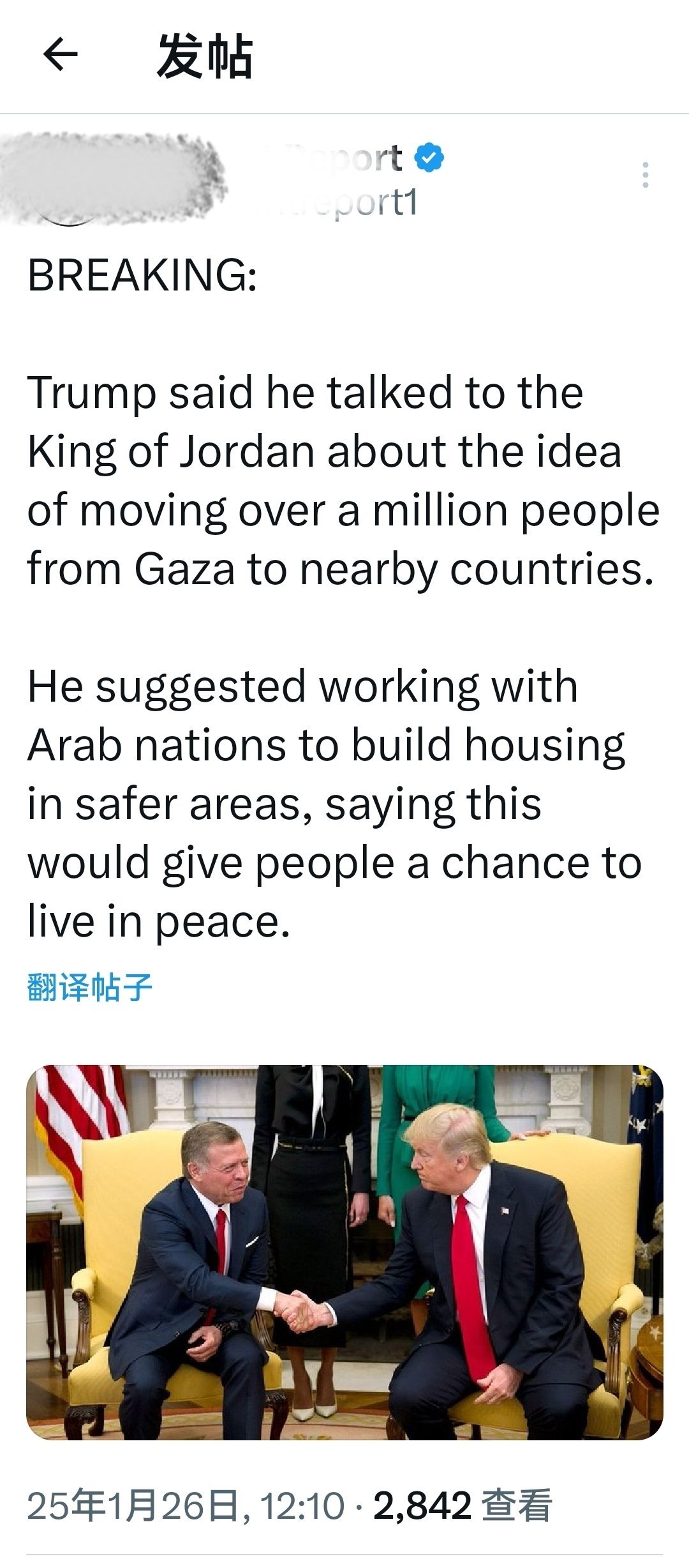 突发新闻：特朗普表示，他与约旦国王讨论了将 100 多万人从加沙转移到附近国家的