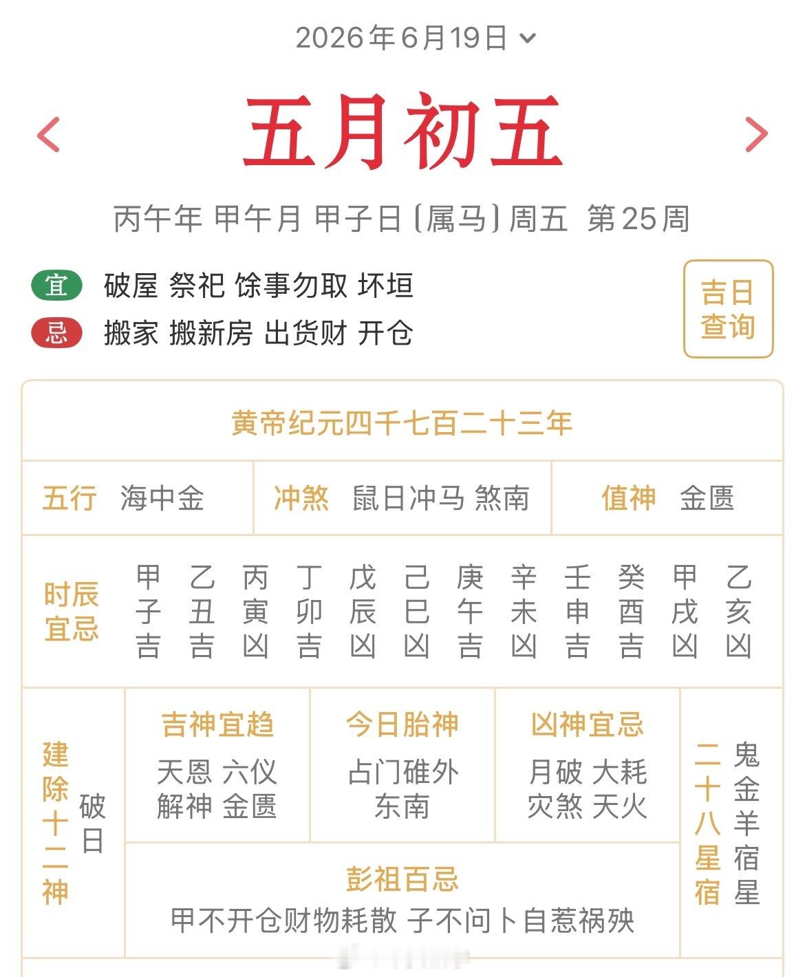 十二生肖每日简运 仅供参考2026.6.19丙午年甲午月甲子日甲子天克地冲戊午：