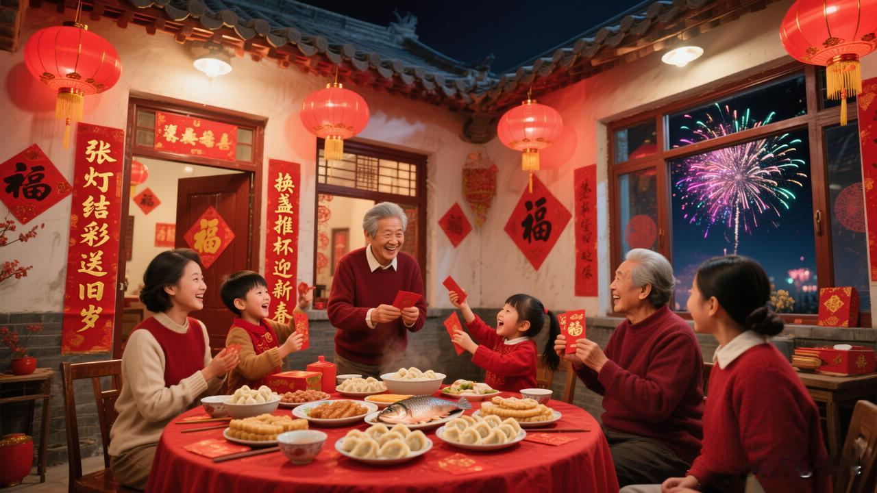 赏析：这幅下联“换盏推杯迎新春”与上联“张灯结彩送旧岁”呼应巧妙。从内容上看，“