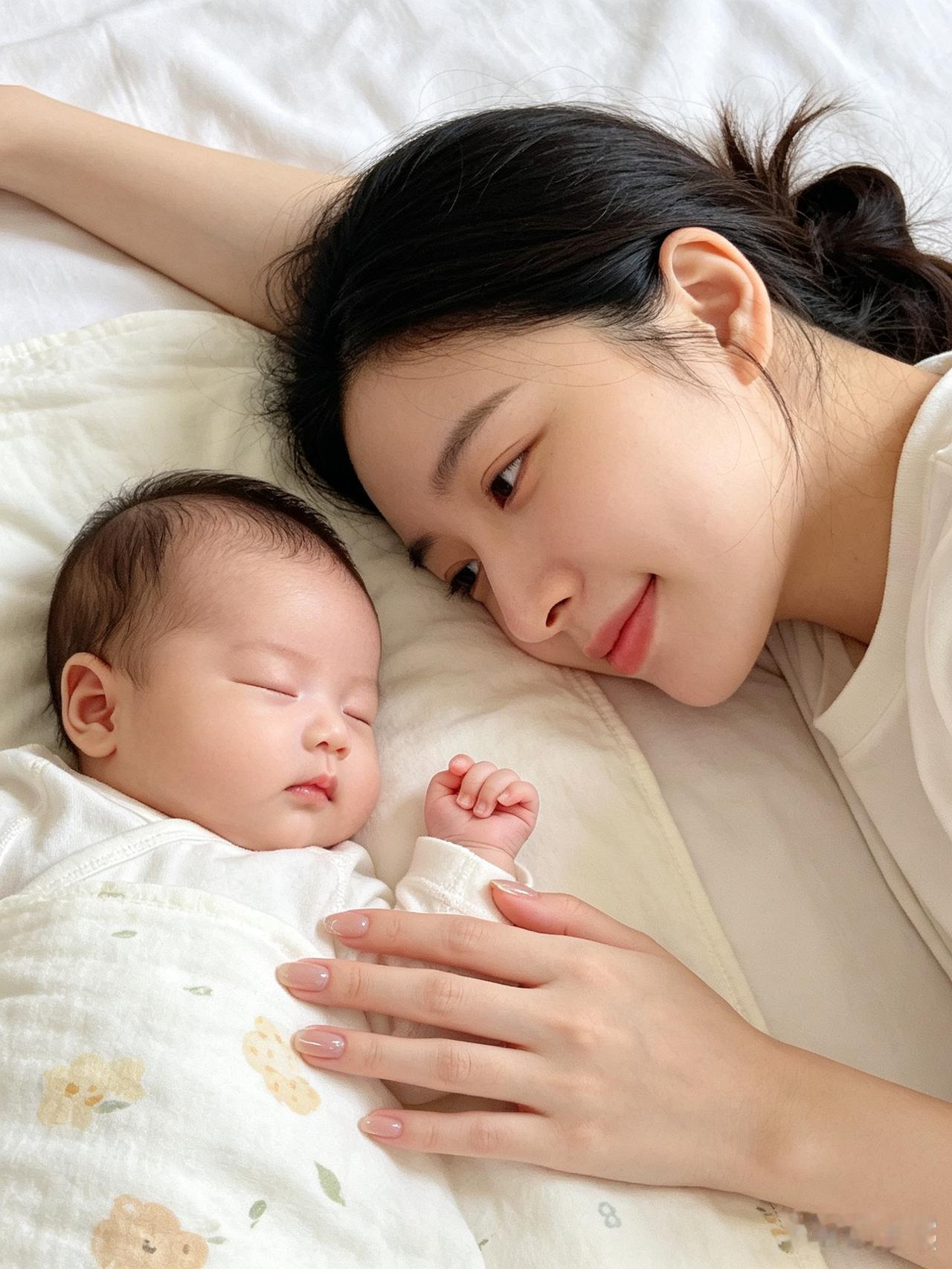 母子安寝
柔榻静谧岁月悠，
娇儿五月梦酣柔。
稚子肤莹容色嫩，
慈亲温婉伴身留。