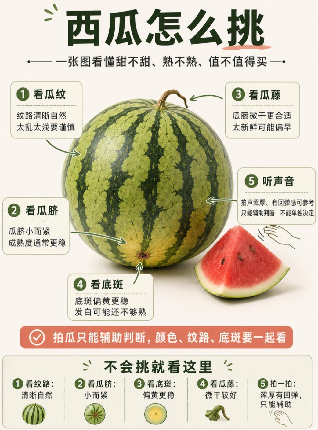 当你买到一个公摊面积很小的西瓜 夏天挑选西瓜可参考以下要点：优先选择纹路清晰自然
