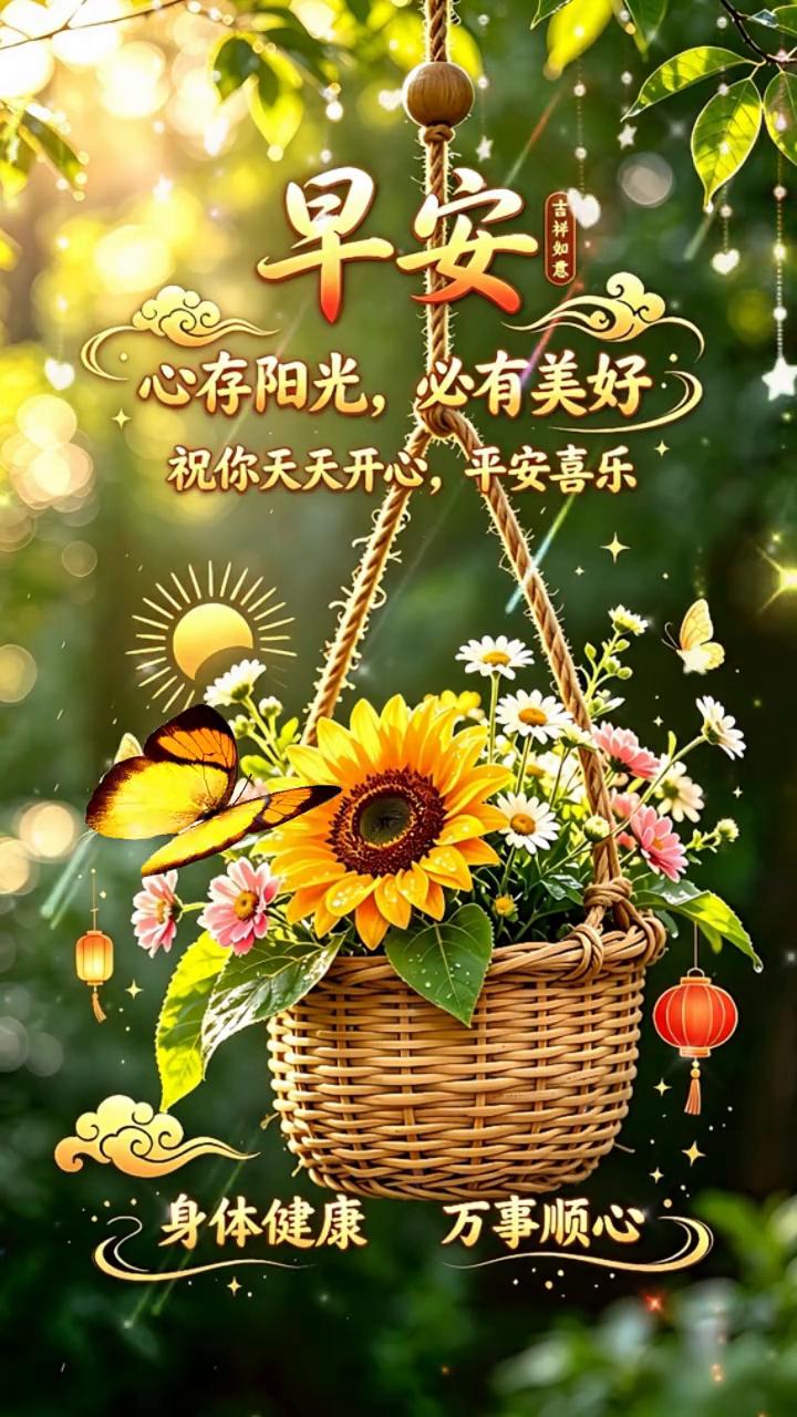 早安。
心存阳光，必有美好。祝你天天开心，平安喜乐，身体健康，万事顺心。