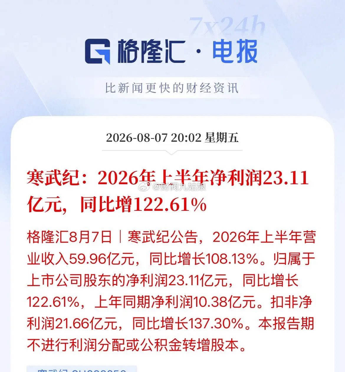 寒武纪半年报来了！上半年实赚23亿元，第一季季度赚10亿，第二季度赚12亿，营收