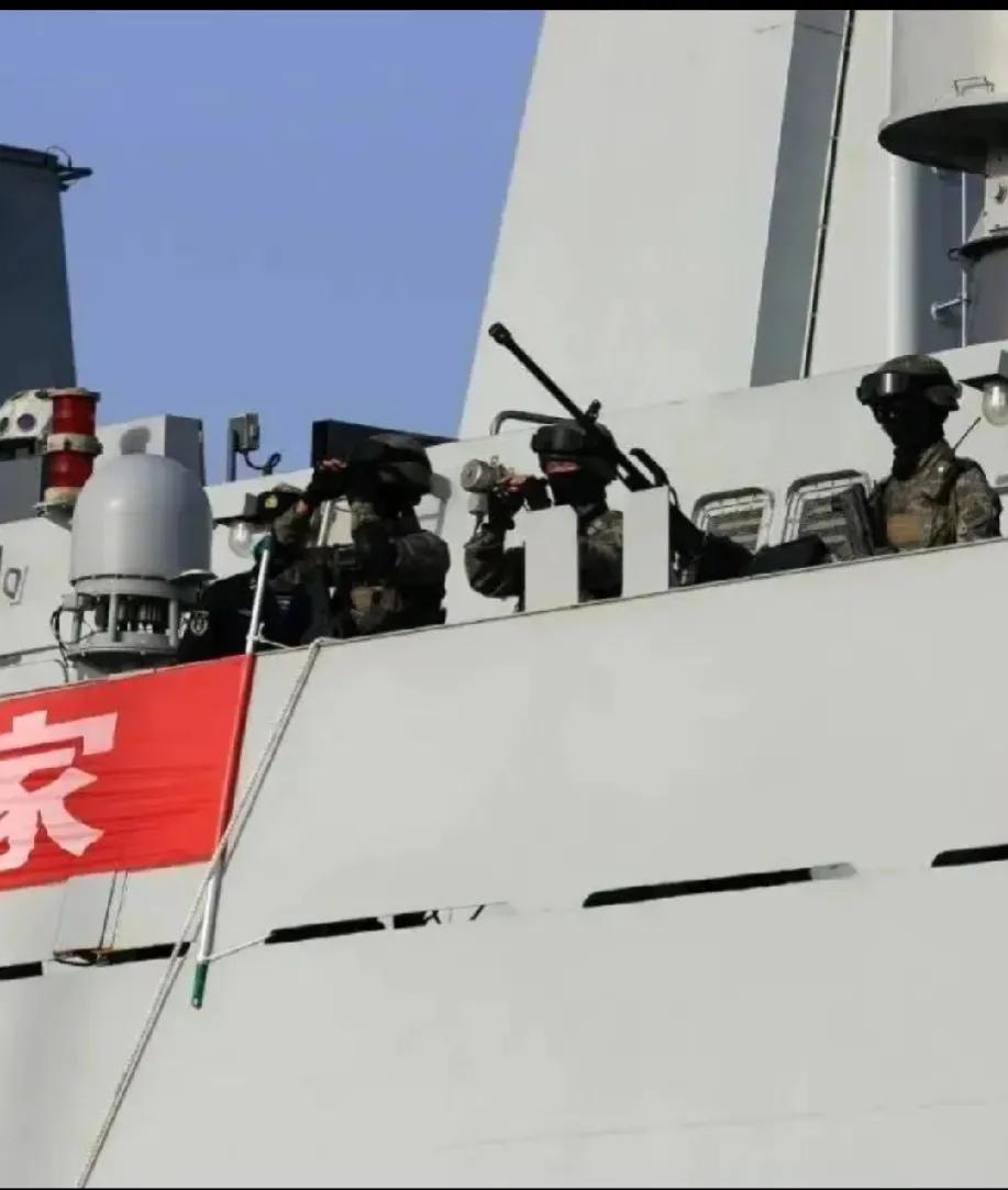 中国力量，见证历史——苏丹撤侨行动中在舰舷警戒的陆战队员，他们正在全神贯注的观察