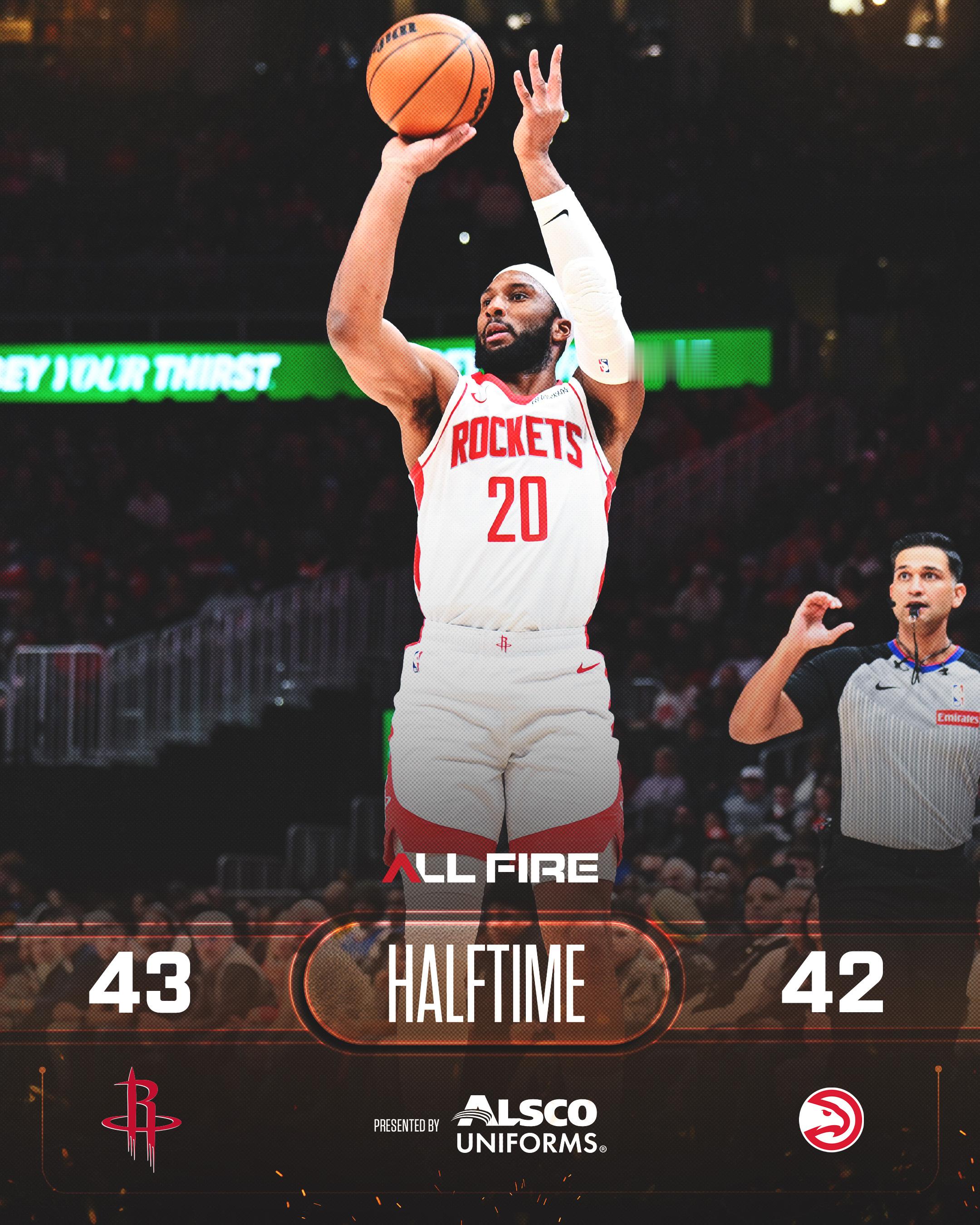 半场比赛结束！火箭43-42老鹰！杜兰特12分1板2助、申京7分9板3助、阿门5