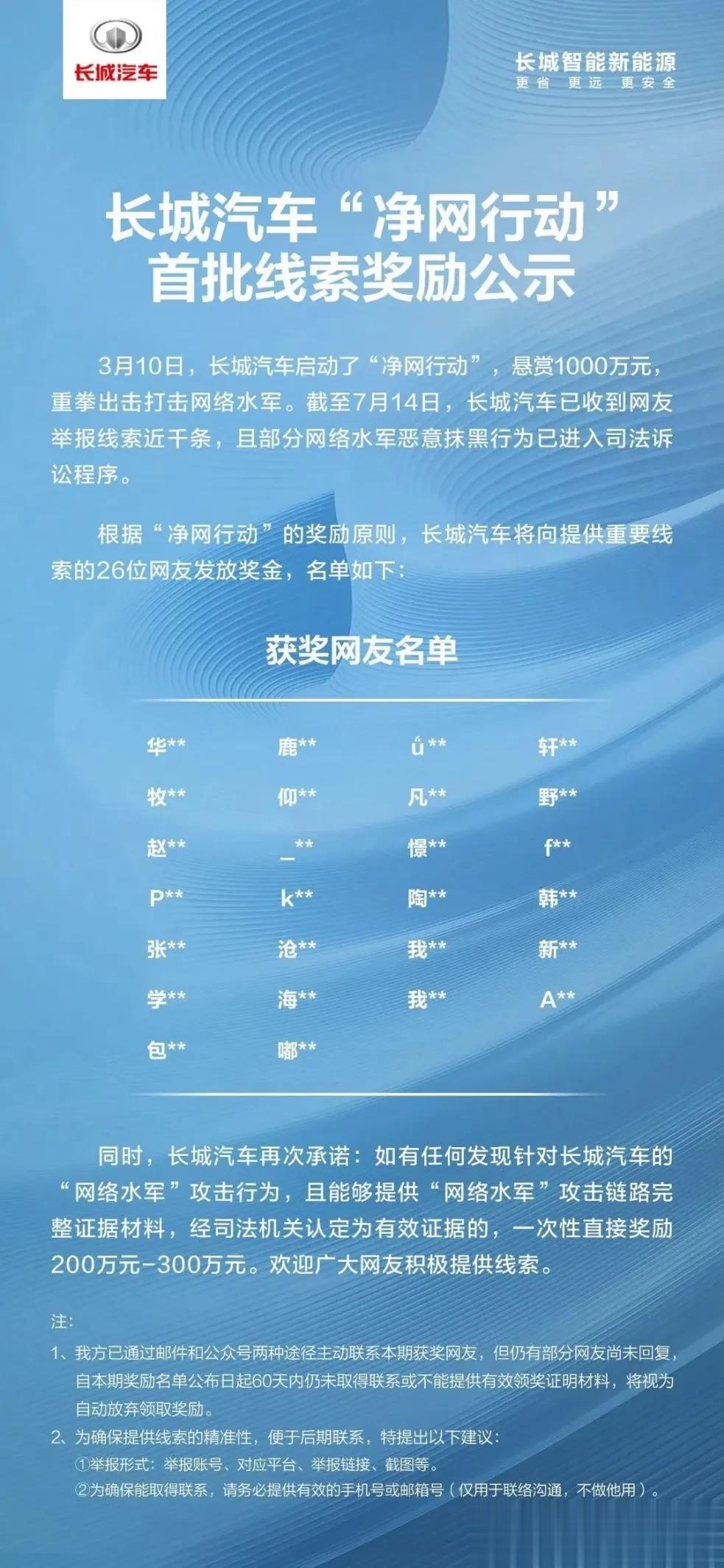 长城汽车“净网行动”启示录，千万悬赏举报有奖破解网络乱象

发现一直关注的一个博