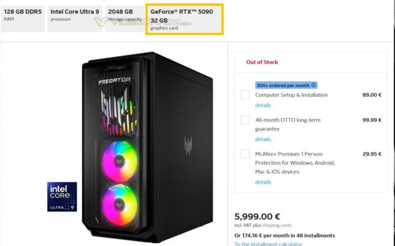 某海外厂商已经上架rtx5090整机


价格嘛，肯定不便宜！5999欧元！
个