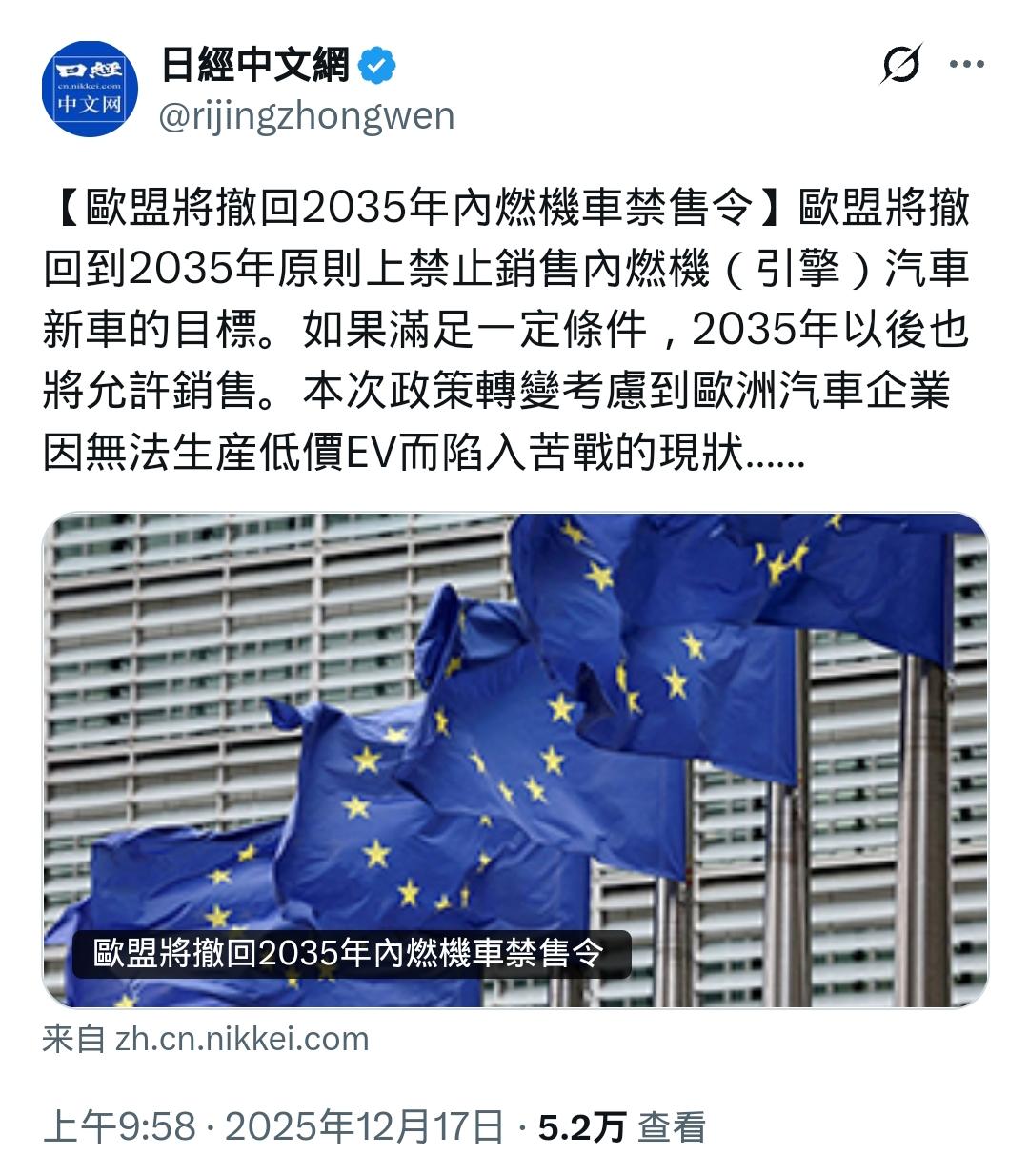 欧洲政策大反转！

2025 年12月16日，欧盟委员会正式提议，放弃2035年