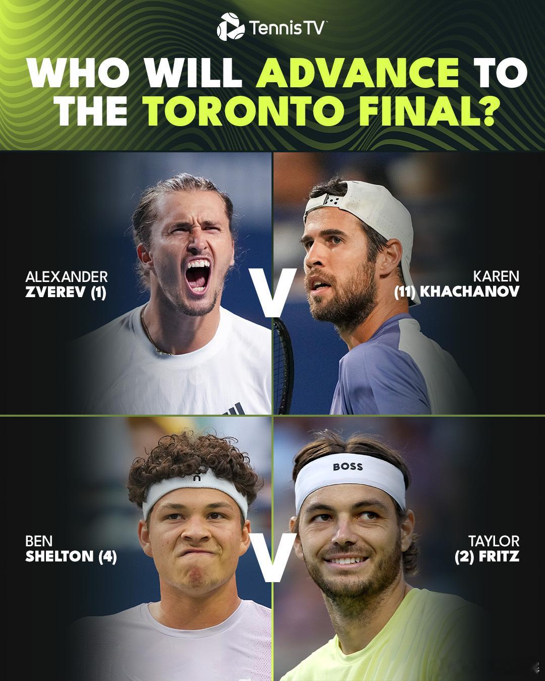 ATP1000 加拿大大师赛四强阵容出炉❗️兹维列夫[1] vs 卡恰诺夫[11