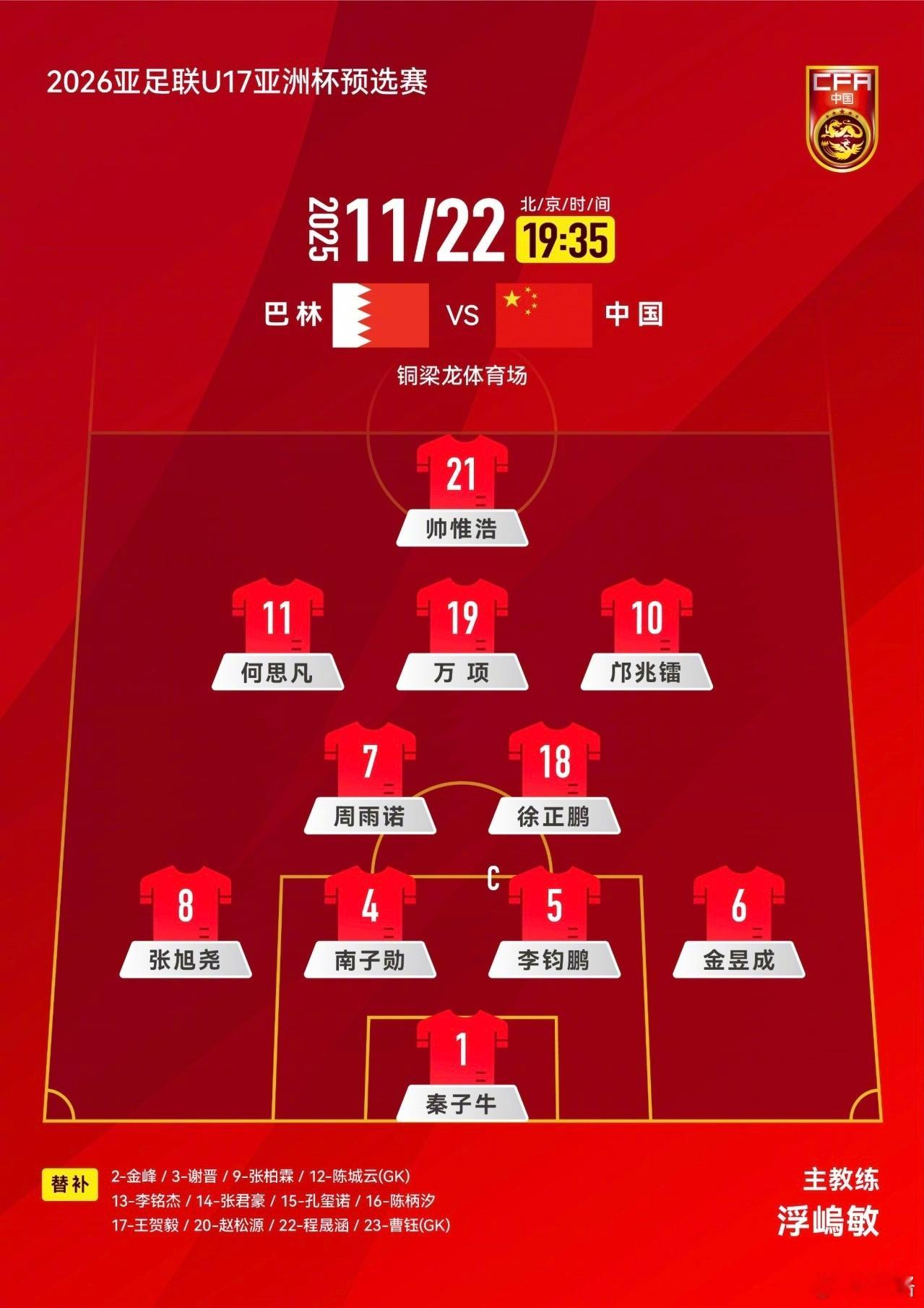 U17国少VS巴林，首发阵容！加油！ 