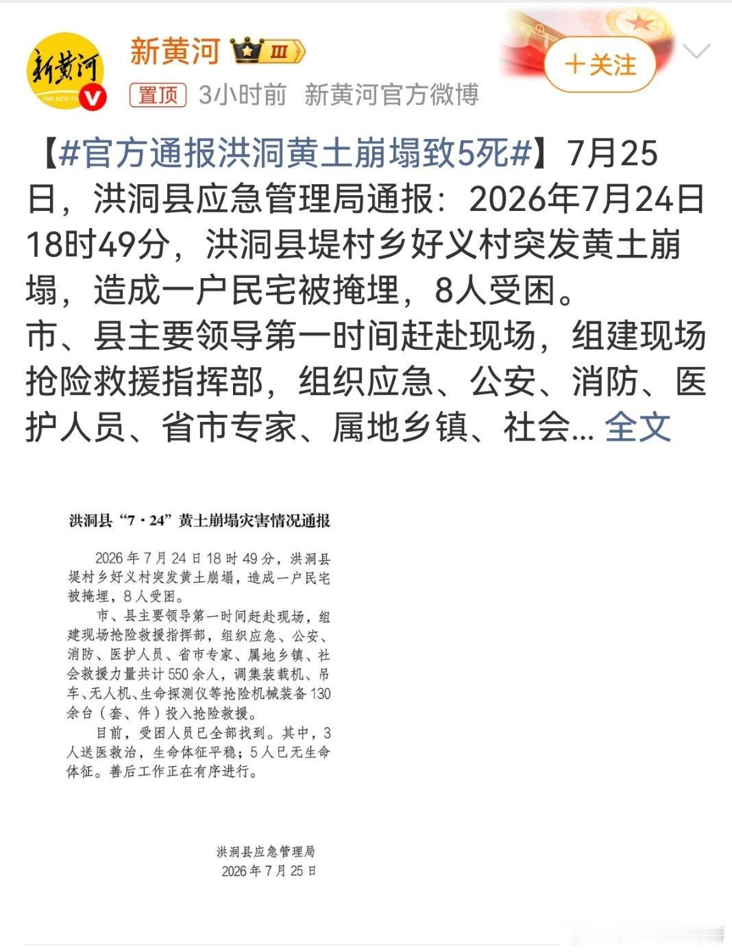官方通报洪洞黄土崩塌致5死 洪洞县地处山西省南部，丘陵面积约占全县三分之一，黄土