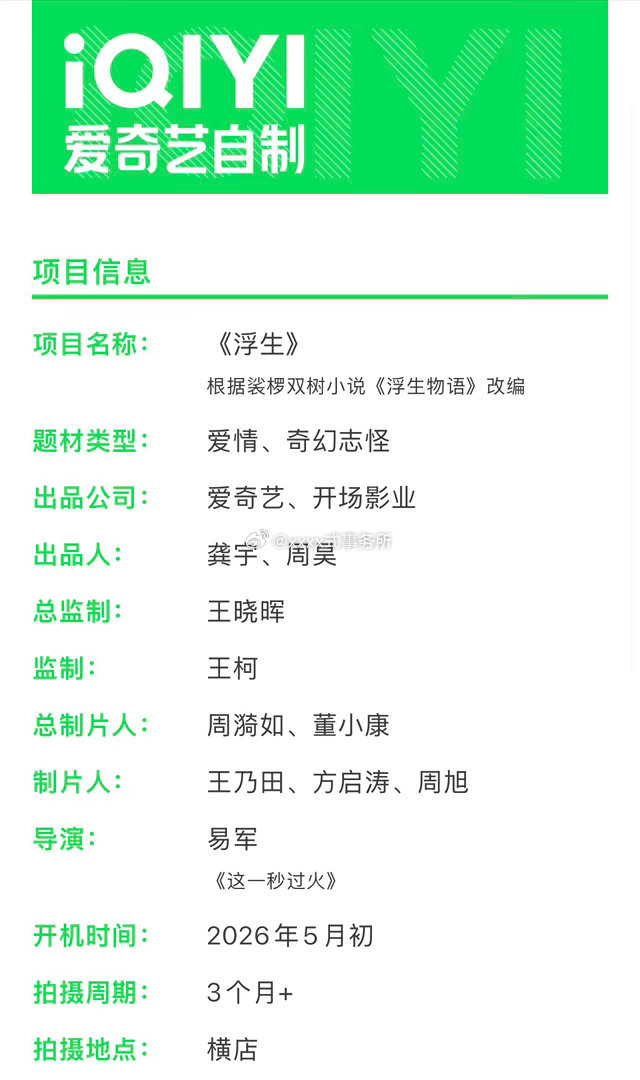 陈哲远、王楚然爱奇艺奇幻剧《浮生》组讯（根据裟椤双树小说《浮生物语》改编）导演：