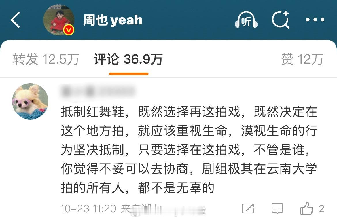网友在周也微博评论区留言要求她道歉，更有粉丝直言她不应该接红舞鞋，剧上线后大家的