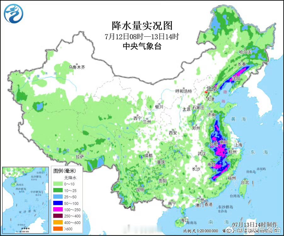 12日以来，江西东部、安徽中南部、河北东北部、辽宁中部、吉林中部等地部分地区累计
