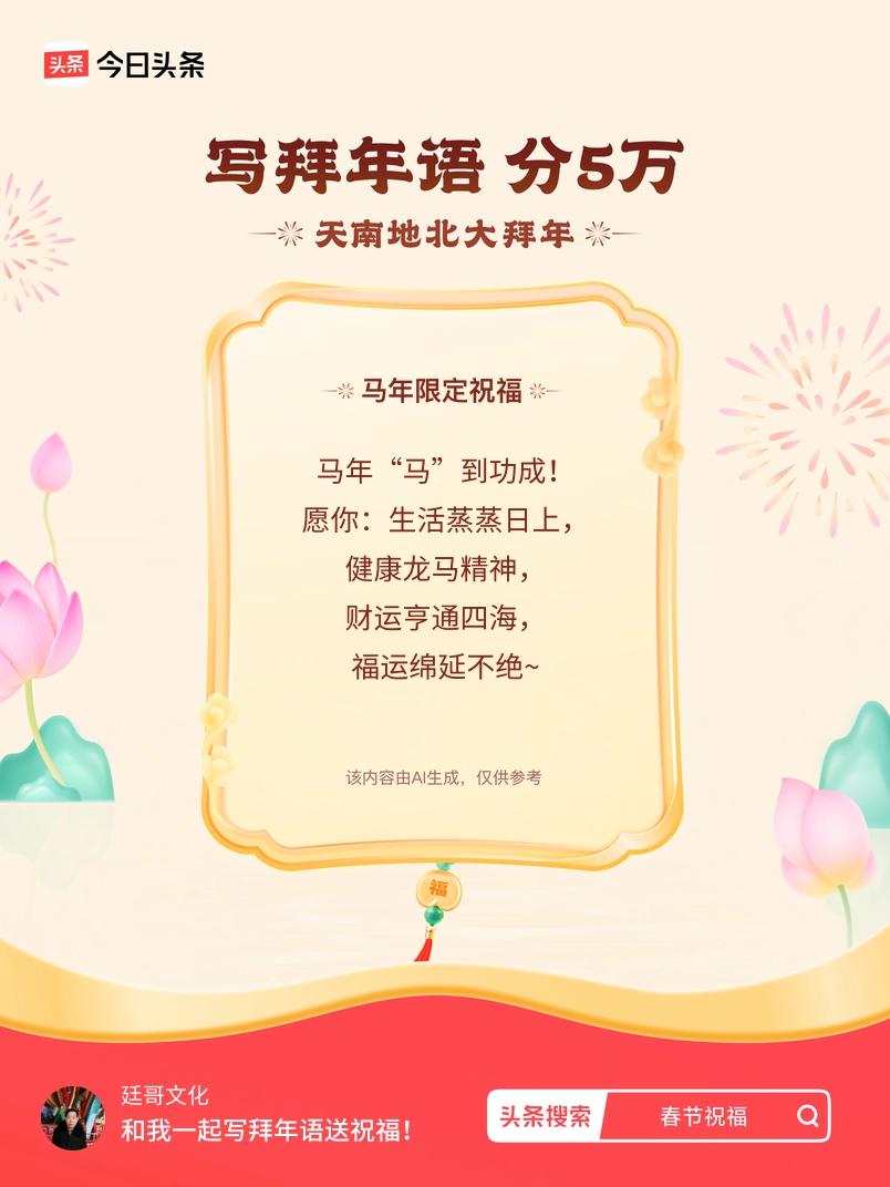 写拜年语送祝福新春拜年送祝福！我的祝福是：“马年“马”到功成！愿你：生活蒸蒸日上