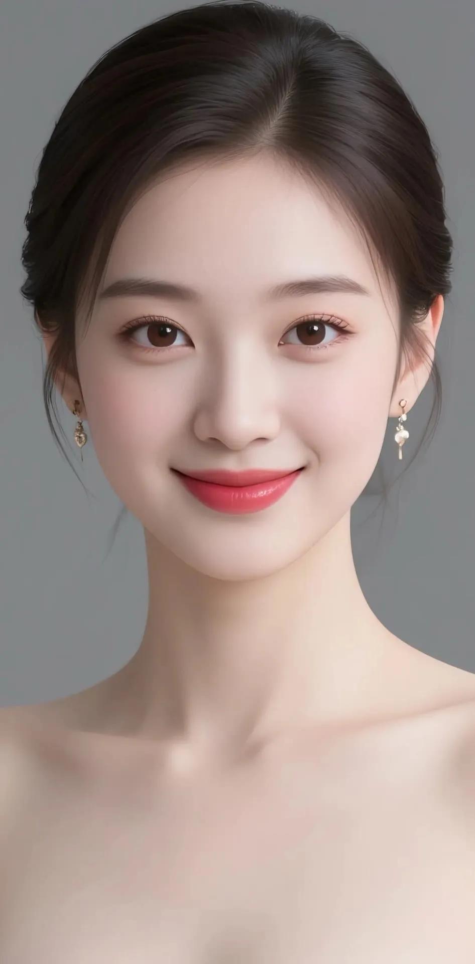 温柔甜美的微笑，精致的妆容和优雅的耳饰，散发着迷人的魅力。