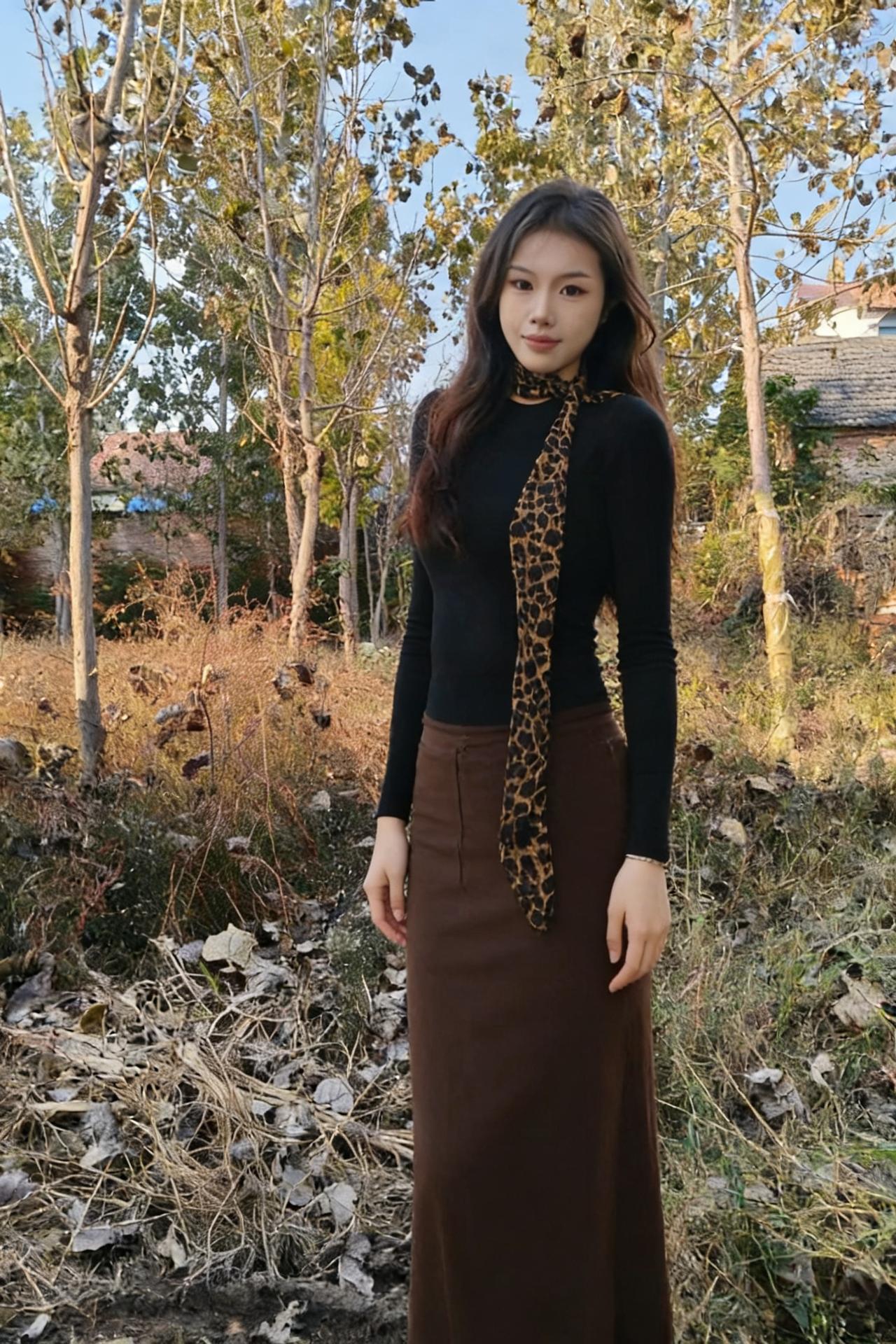 豹纹丝缕系秋襟，墨衫棕裙踏野林。
寒树疏芜凝晚照，身姿傲立似松深。