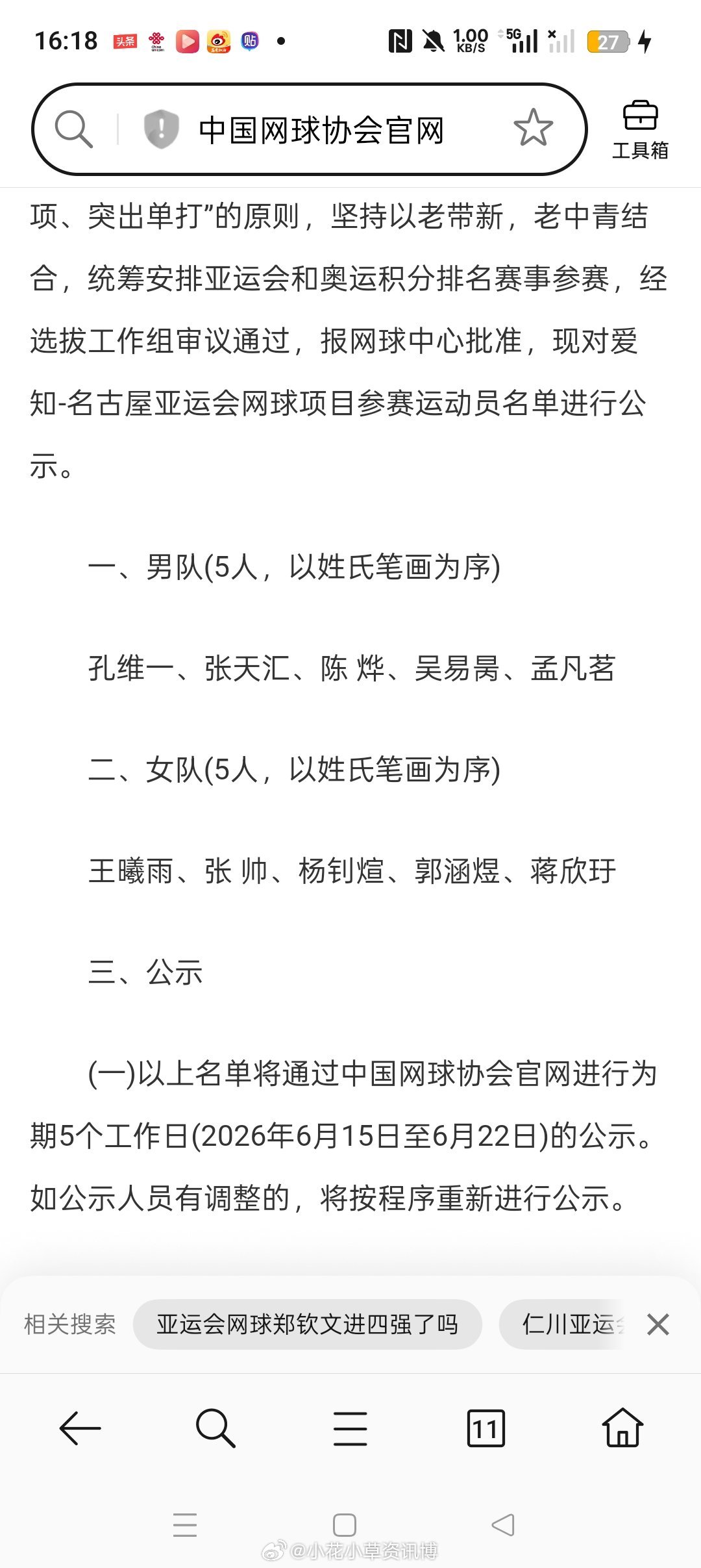 【名古屋亚运会】中国网球队全名单 