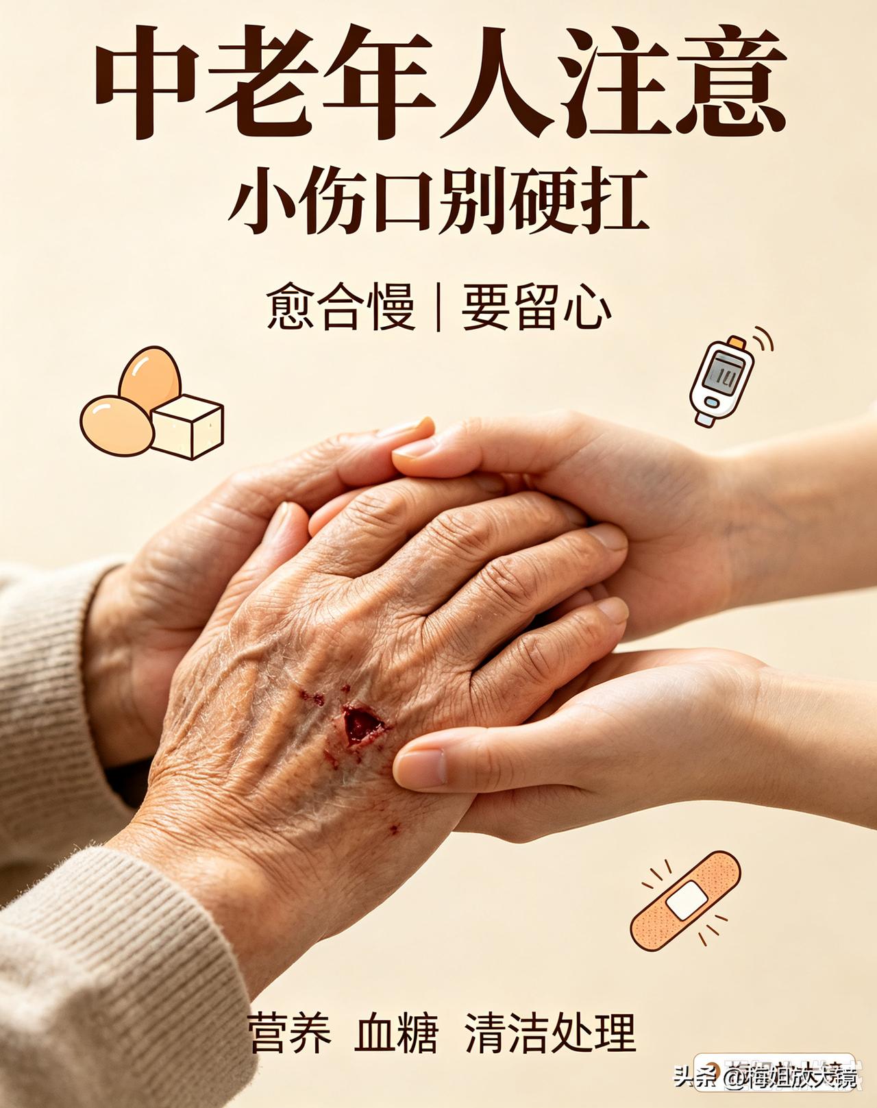 ✨中老年人伤口不容易愈合，别只怪年纪大❗
 
人上了岁数，皮肤变薄变脆，平时磕磕