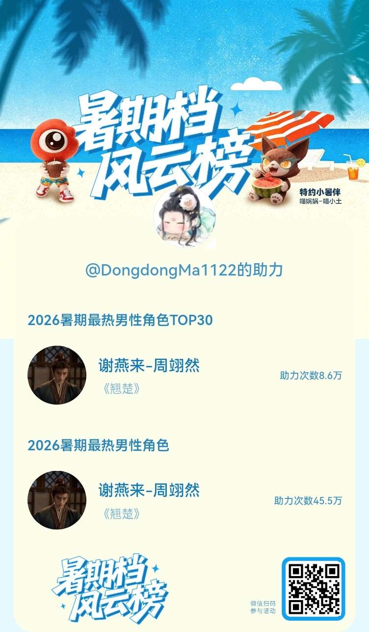【暑期档风云榜】活动进行中，快来助力他成为今夏最热！2026暑期最热男性角色 暑